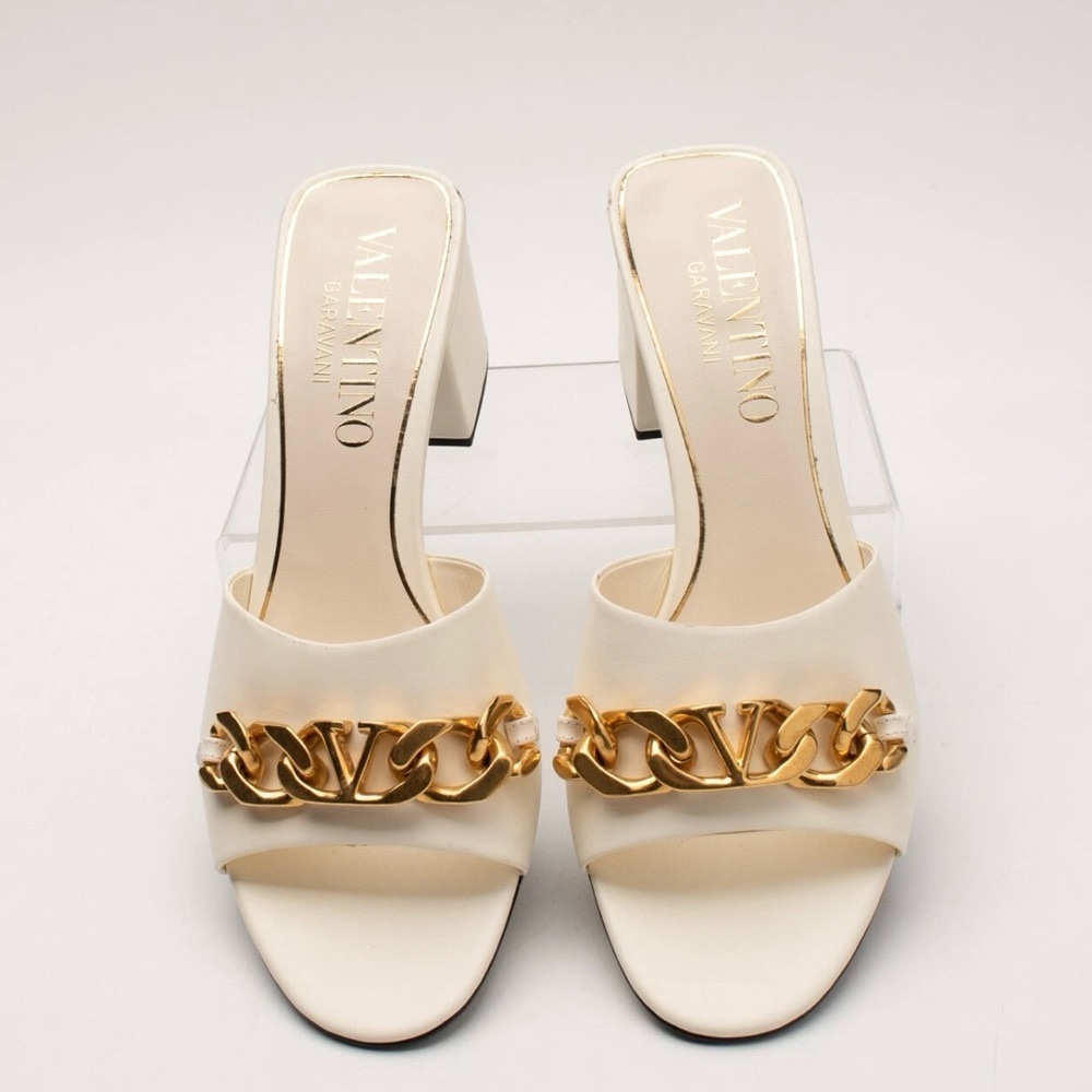 Authentic Valentino Garavani Women's Cream and Gold Chain Mules